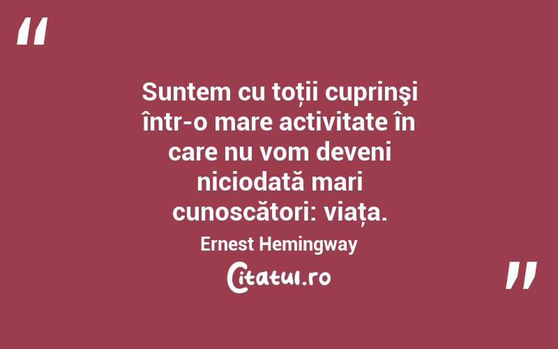 Suntem cu toţii cuprinşi într-o mare activitate în care nu vom deveni niciodată mari cunoscători: viaţa. Ernest Hemingway
