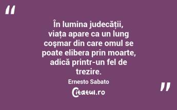 În lumina judecăţii, viaţa apare ca un lung coşmar din care omul se poate elibera prin moarte, adică printr-un fel de trezire. Ernesto Sabato...