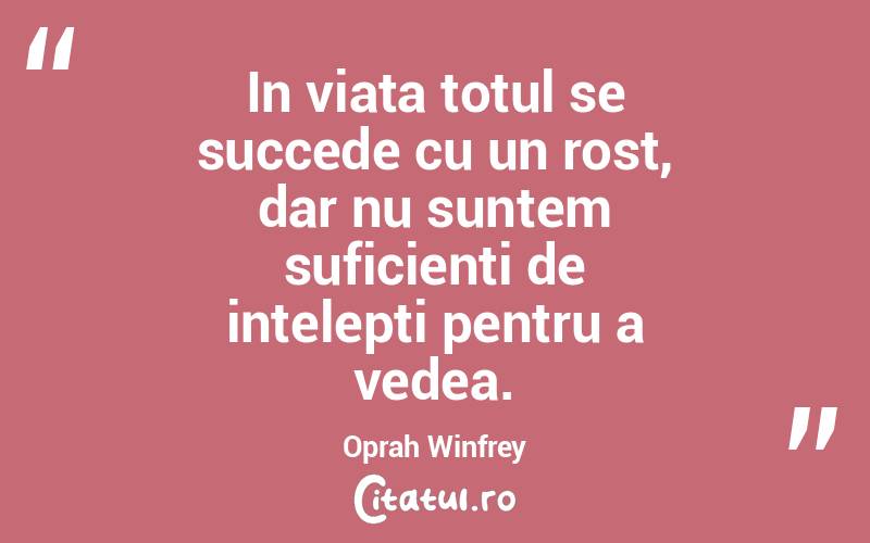 In viata totul se succede cu un rost, dar nu suntem suficienti de intelepti pentru a vedea.  Oprah Winfrey