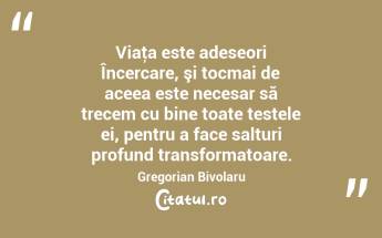 Viaţa este adeseori Încercare, şi tocmai de aceea este necesar să trecem cu bine toate testele ei, pentru a face salturi profund transformatoare. Gregorian Bivolaru...
