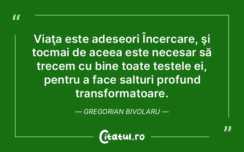 Viaţa este adeseori Încercare, şi tocmai de aceea este necesar să trecem cu bine toate testele ei, pentru a face salturi profund transformatoare. Gregorian Bivolaru