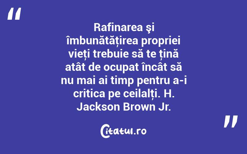 Rafinarea şi îmbunătăţirea propriei vieţi trebuie să te ţină atât de ocupat încât să nu mai ai timp pentru a-i critica pe ceilalţi. H. Jackson Brown Jr.