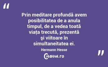 Prin meditare profundă avem posibilitatea de a anula timpul, de a vedea toată viaţa trecută, prezentă şi viitoare în simultaneitatea ei. Hermann Hesse...