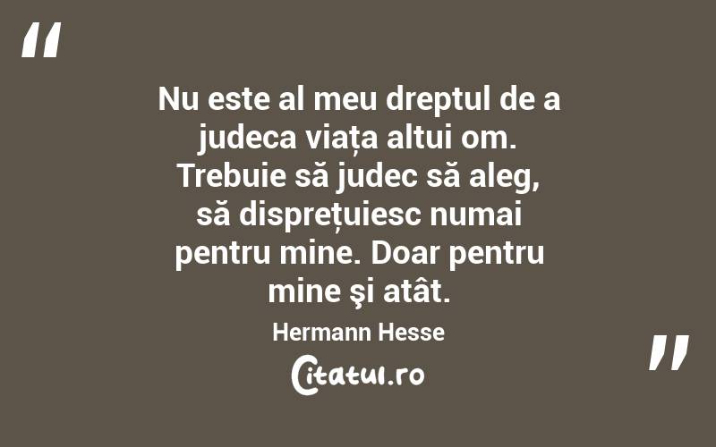 Nu este al meu dreptul de a judeca viaţa altui om. Trebuie să judec să aleg, să dispreţuiesc numai pentru mine. Doar pentru mine şi atât. Hermann Hesse
