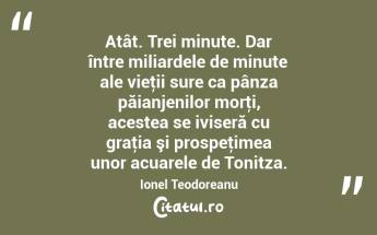 Atât. Trei minute. Dar între miliardele de minute ale vieţii sure ca pânza păianjenilor morţi, acestea se iviseră cu graţia şi prospeţimea unor acuarele de Tonitza. Ionel Teodoreanu...