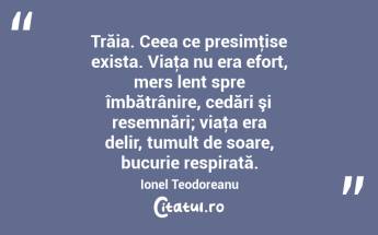 Trăia. Ceea ce presimţise exista. Viaţa nu era efort, mers lent spre îmbătrânire, cedări şi resemnări; viaţa era delir, tumult de soare, bucurie respirată. Ionel Teodoreanu...