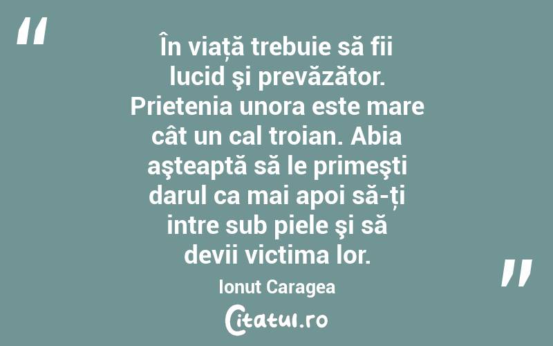 În viaţă trebuie să fii lucid şi prevăzător. Prietenia unora este mare cât un cal troian. Abia aşteaptă să le primeşti darul ca mai apoi să-ţi intre sub piele şi să devii victima lor. Ionuț Caragea
