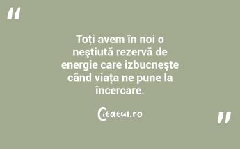 Toţi avem în noi o neştiută rezervă de energie care izbucneşte când viaţa ne pune la încercare. ...