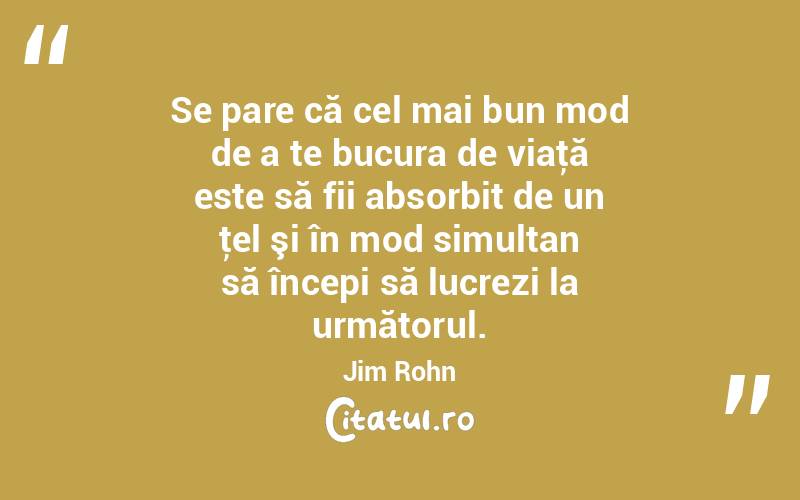 Se pare că cel mai bun mod de a te bucura de viaţă este să fii absorbit de un ţel şi în mod simultan să începi să lucrezi la următorul. Jim Rohn