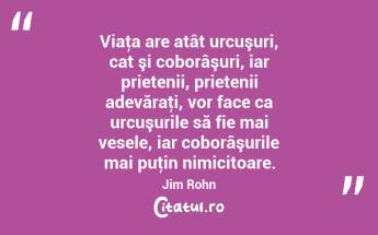 Viaţa are atât urcuşuri, cat şi coborâşuri, iar prietenii, prietenii adevăraţi, vor face ca urcuşurile să fie mai vesele, iar coborâşurile mai puţin nimicitoare. Jim Rohn...
