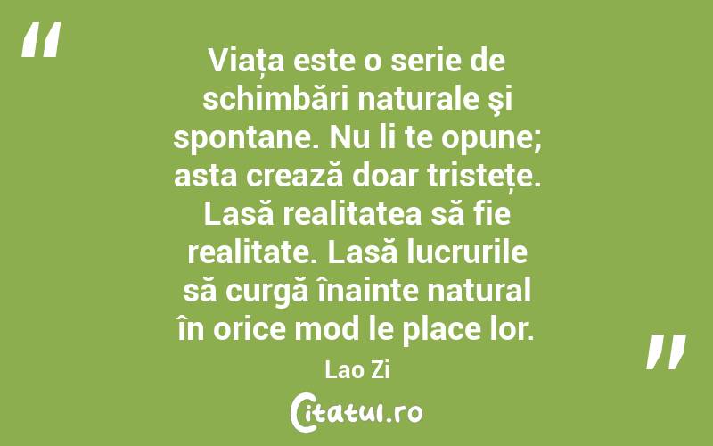 Viaţa este o serie de schimbări naturale şi spontane. Nu li te opune; asta crează doar tristeţe. Lasă realitatea să fie realitate. Lasă lucrurile să curgă înainte natural în orice mod le place lor. Lao Zi