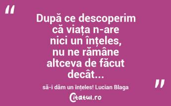 După ce descoperim că viaţa n-are nici un înţeles, nu ne rămâne altceva de făcut decât... să-i dăm un înţeles! Lucian Blaga...