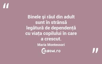 Binele şi răul din adult sunt în strânsă legătură de dependenţă cu viaţa copilului în care a crescut. Maria Montessori...