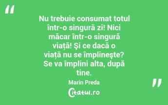 Nu trebuie consumat totul într-o singură zi! Nici măcar într-o singură viaţă! Şi ce dacă o viaţă nu se împlineşte? Se va împlini alta, după tine. Marin Preda...