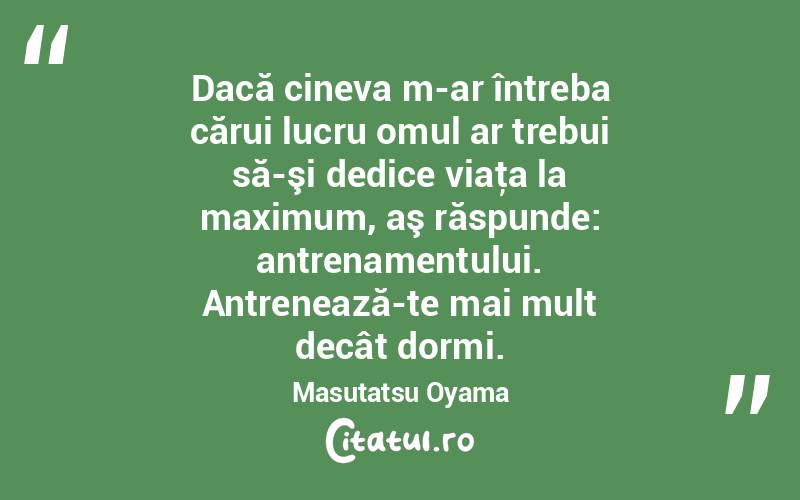 Dacă cineva m-ar întreba cărui lucru omul ar trebui să-şi dedice viaţa la maximum, aş răspunde: antrenamentului. Antrenează-te mai mult decât dormi. Masutatsu Oyama