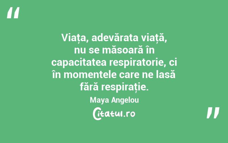 Viaţa, adevărata viaţă, nu se măsoară în capacitatea respiratorie, ci în momentele care ne lasă fără respiraţie. Maya Angelou
