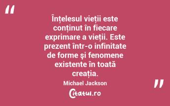 Înţelesul vieţii este conţinut în fiecare exprimare a vieţii. Este prezent într-o infinitate de forme şi fenomene existente în toată creaţia. Michael Jackson...