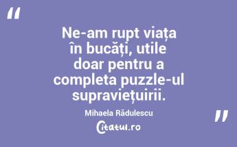 Ne-am rupt viaţa în bucăţi, utile doar pentru a completa puzzle-ul supravieţuirii. Mihaela Rădulescu...