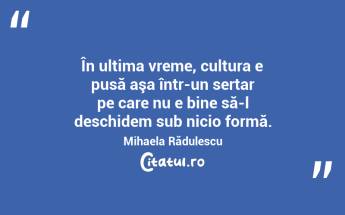În ultima vreme, cultura e pusă aşa într-un sertar pe care nu e bine să-l deschidem sub nicio formă. Mihaela Rădulescu...