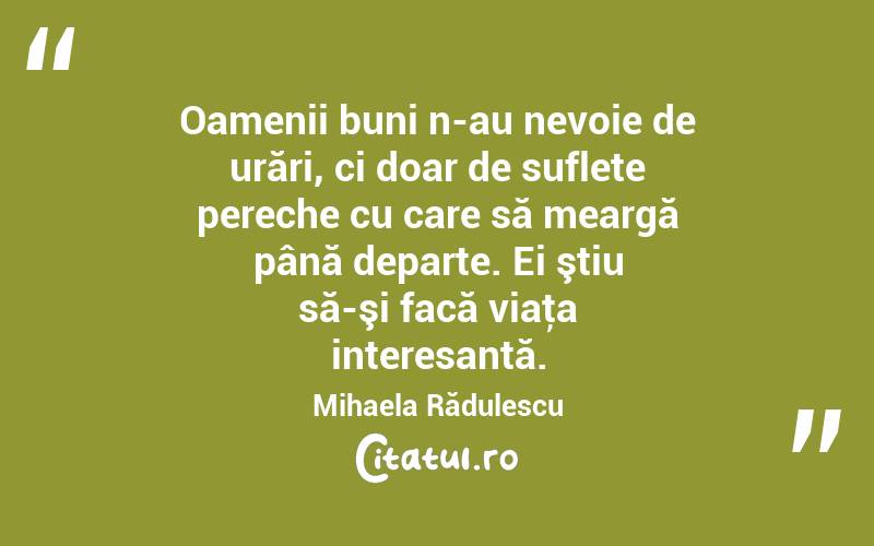 Oamenii buni n-au nevoie de urări, ci doar de suflete pereche cu care să meargă până departe. Ei ştiu să-şi facă viaţa interesantă. Mihaela Rădulescu
