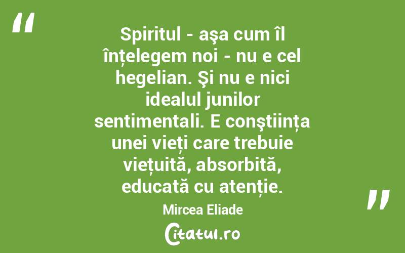 Spiritul - aşa cum îl înţelegem noi - nu e cel hegelian. Şi nu e nici idealul junilor sentimentali. E conştiinţa unei vieţi care trebuie vieţuită, absorbită, educată cu atenţie. Mircea Eliade