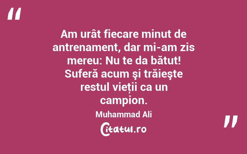 Am urât fiecare minut de antrenament, dar mi-am zis mereu: Nu te da bătut! Suferă acum şi trăieşte restul vieţii ca un campion. Muhammad Ali
