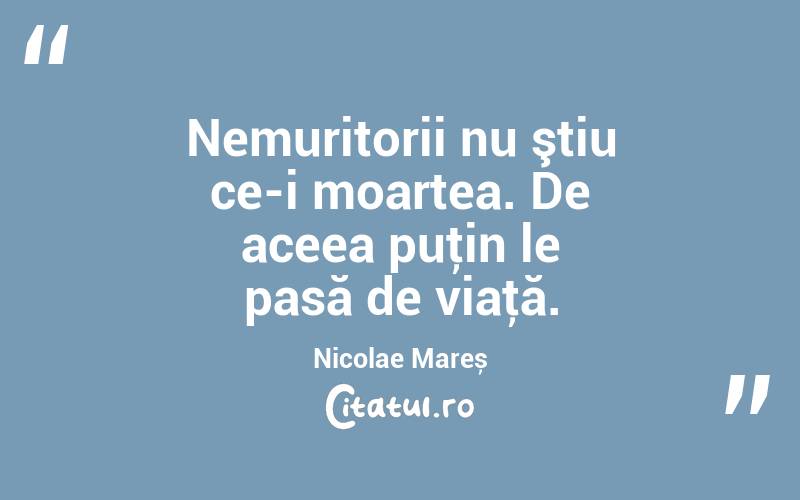 Nemuritorii nu ştiu ce-i moartea. De aceea puţin le pasă de viaţă. Nicolae Mareș
