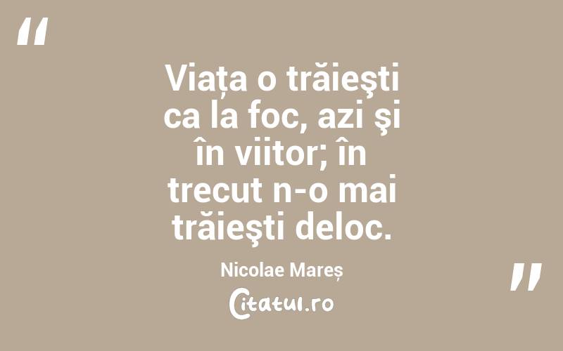 Viaţa o trăieşti ca la foc, azi şi în viitor; în trecut n-o mai trăieşti deloc. Nicolae Mareș
