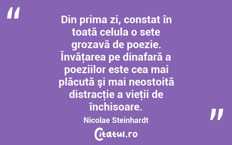 Din prima zi, constat în toată celula o sete grozavă de poezie. Învăţarea pe dinafară a poeziilor este cea mai plăcută şi mai neostoită distracţie a vieţii de închisoare. Nicolae Steinhardt