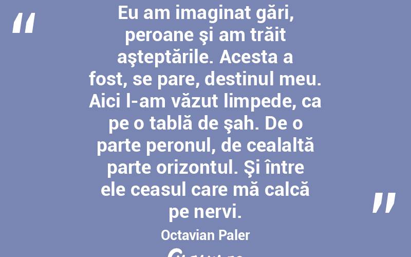 Eu am imaginat gări, peroane şi am trăit aşteptările. Acesta a fost, se pare, destinul meu. Aici l-am văzut limpede, ca pe o tablă de şah. De o parte peronul, de cealaltă parte orizontul. Şi între ele ceasul care mă calcă pe nervi. Octavian Paler