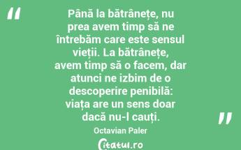 Până la bătrâneţe, nu prea avem timp să ne întrebăm care este sensul vieţii. La bătrâneţe, avem timp să o facem, dar atunci ne izbim de o descoperire penibilă: viaţa are un sens doar dacă nu-l cauţi. Octavian Paler...