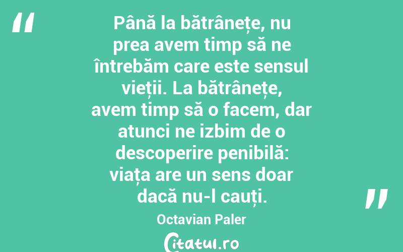 Până la bătrâneţe, nu prea avem timp să ne întrebăm care este sensul vieţii. La bătrâneţe, avem timp să o facem, dar atunci ne izbim de o descoperire penibilă: viaţa are un sens doar dacă nu-l cauţi. Octavian Paler
