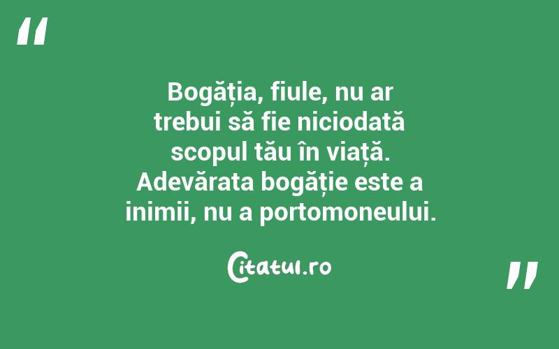 Bogăţia, fiule, nu ar trebui să fie niciodată scopul tău în viaţă. Adevărata bogăţie este a inimii, nu a portomoneului. 

