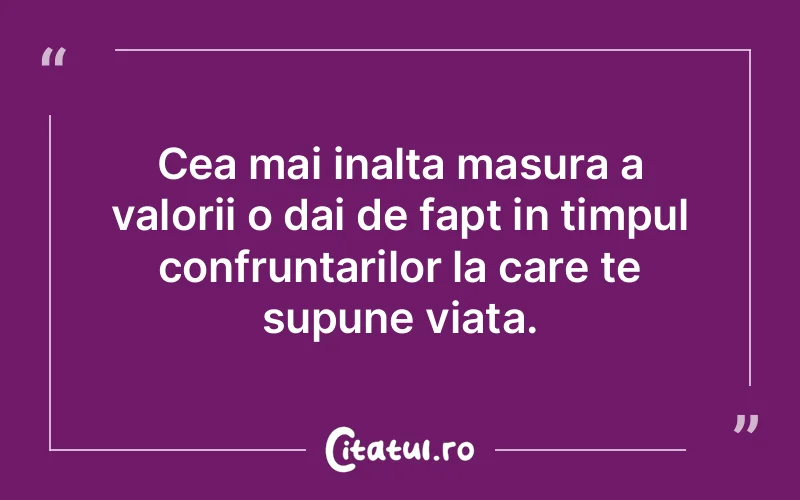 Cea mai inalta masura a valorii o dai de fapt in timpul confruntarilor la care te supune viata.