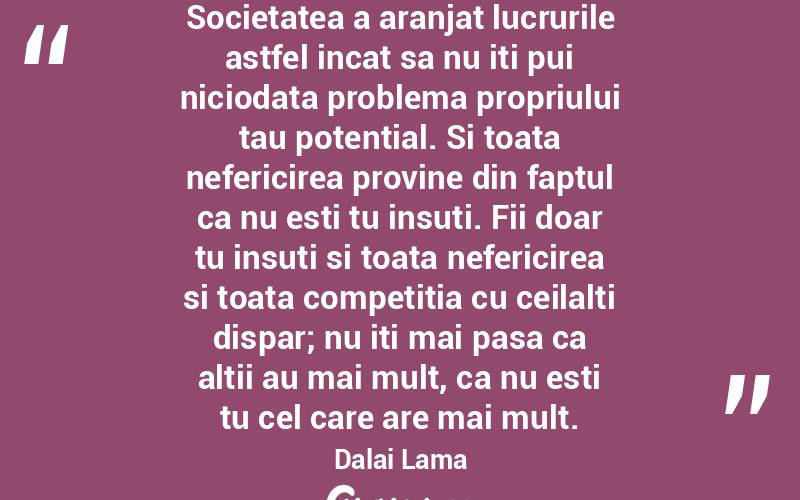 Societatea a aranjat lucrurile astfel incat sa nu iti pui niciodata problema propriului tau potential. Si toata nefericirea provine din faptul ca nu esti tu insuti. Fii doar tu insuti si toata nefericirea si toata competitia cu ceilalti dispar; nu iti mai pasa ca altii au mai mult, ca nu esti tu cel care are mai mult.  Dalai Lama