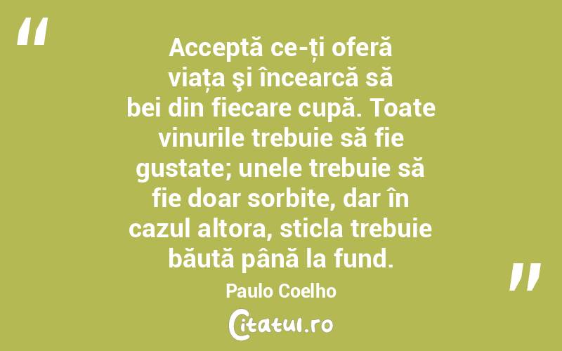 Acceptă ce-ţi oferă viaţa şi încearcă să bei din fiecare cupă. Toate vinurile trebuie să fie gustate; unele trebuie să fie doar sorbite, dar în cazul altora, sticla trebuie băută până la fund. Paulo Coelho