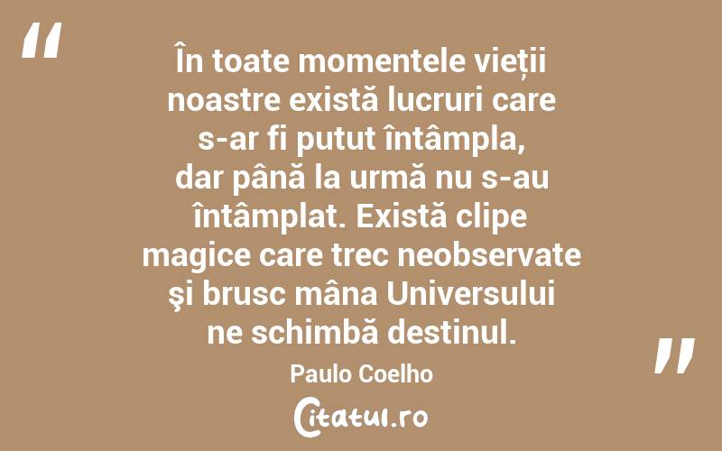 În toate momentele vieţii noastre există lucruri care s-ar fi putut întâmpla, dar până la urmă nu s-au întâmplat. Există clipe magice care trec neobservate şi brusc mâna Universului ne schimbă destinul. Paulo Coelho