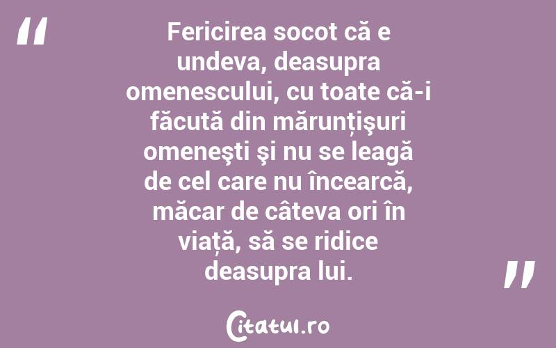 Fericirea socot că e undeva, deasupra omenescului, cu toate că-i făcută din mărunţişuri omeneşti şi nu se leagă de cel care nu încearcă, măcar de câteva ori în viaţă, să se ridice deasupra lui. 
