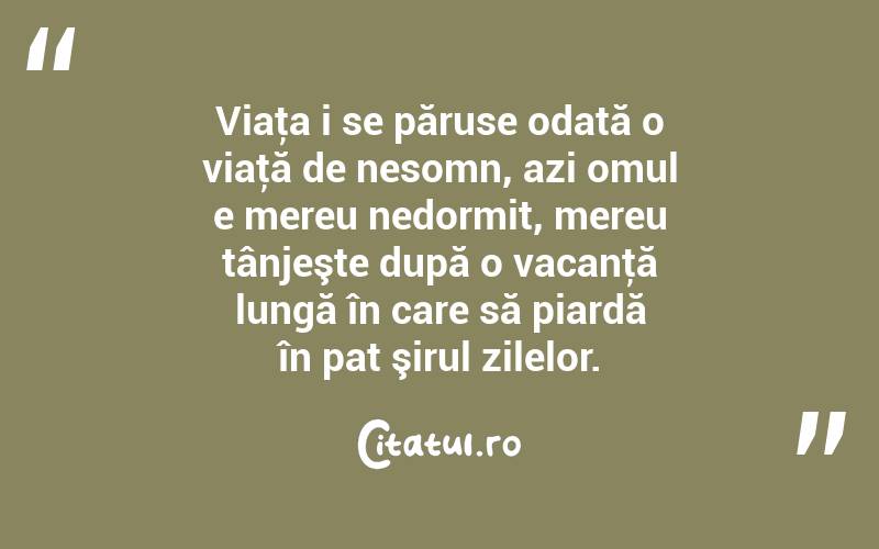 Viaţa i se păruse odată o viaţă de nesomn, azi omul e mereu nedormit, mereu tânjeşte după o vacanţă lungă în care să piardă în pat şirul zilelor. 
