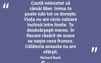 Caută neîncetat să rămâi liber. Inima ta poate iubi tot ce doreşte. Viaţa nu are nicio valoare închisă între limite. Te desăvârşeşti mereu. În fiecare răsărit de soare se naşte ceva frumos. Călătoria aceasta nu are sfârşit. Richard Bach...