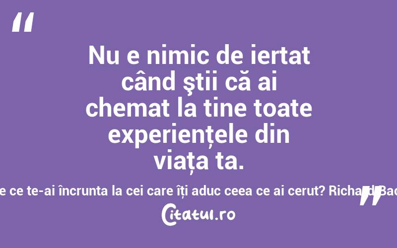 Nu e nimic de iertat când ştii că ai chemat la tine toate experienţele din viaţa ta. De ce te-ai încrunta la cei care îţi aduc ceea ce ai cerut? Richard Bach
