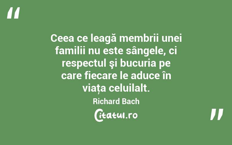 Ceea ce leagă membrii unei familii nu este sângele, ci respectul şi bucuria pe care fiecare le aduce în viaţa celuilalt. Richard Bach
