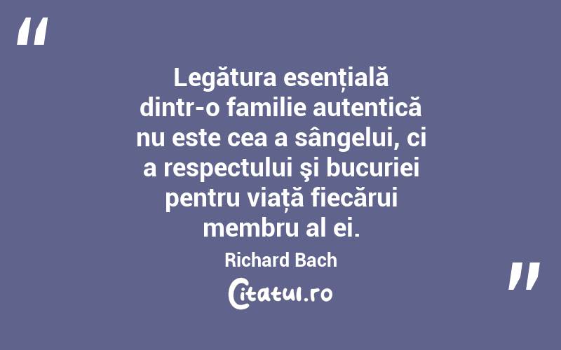 Legătura esenţială dintr-o familie autentică nu este cea a sângelui, ci a respectului şi bucuriei pentru viaţă fiecărui membru al ei. Richard Bach
