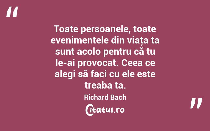 Toate persoanele, toate evenimentele din viaţa ta sunt acolo pentru că tu le-ai provocat. Ceea ce alegi să faci cu ele este treaba ta. Richard Bach
