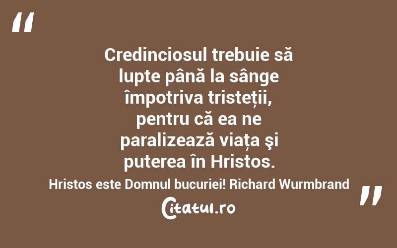 Credinciosul trebuie să lupte până la sânge împotriva tristeţii, pentru că ea ne paralizează viaţa şi puterea în Hristos. Hristos este Domnul bucuriei! Richard Wurmbrand

