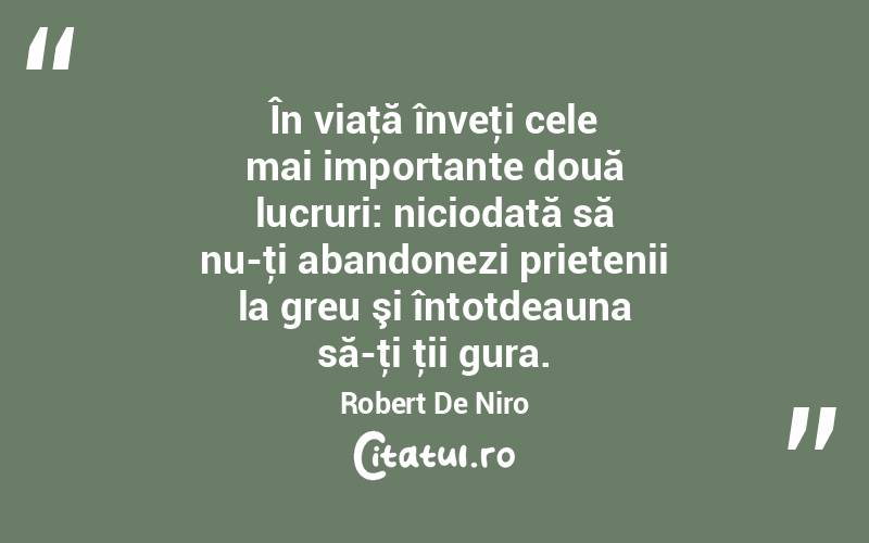 În viaţă înveţi cele mai importante două lucruri: niciodată să nu-ţi abandonezi prietenii la greu şi întotdeauna să-ţi ţii gura. Robert De Niro