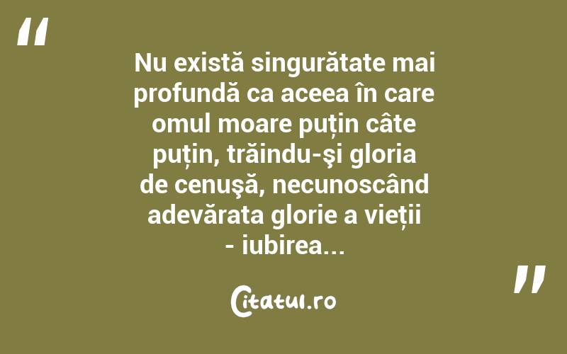 Nu există singurătate mai profundă ca aceea în care omul moare puţin câte puţin, trăindu-şi gloria de cenuşă, necunoscând adevărata glorie a vieţii - iubirea... 
