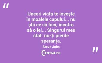 Uneori viaţa te loveşte în moalele capului... nu ştii ce să faci, încotro să o iei... Singurul meu sfat: nu-ţi pierde speranţa. Steve Jobs...