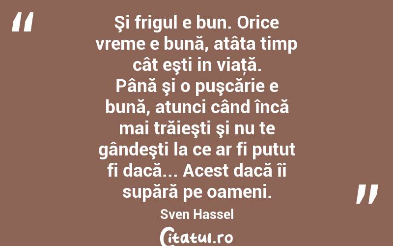 Şi frigul e bun. Orice vreme e bună, atâta timp cât eşti in viaţă. Până şi o puşcărie e bună, atunci când încă mai trăieşti şi nu te gândeşti la ce ar fi putut fi dacă... Acest dacă îi supără pe oameni. Sven Hassel
