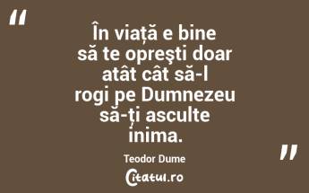 În viaţă e bine să te opreşti doar atât cât să-l rogi pe Dumnezeu să-ţi asculte inima. Teodor Dume...